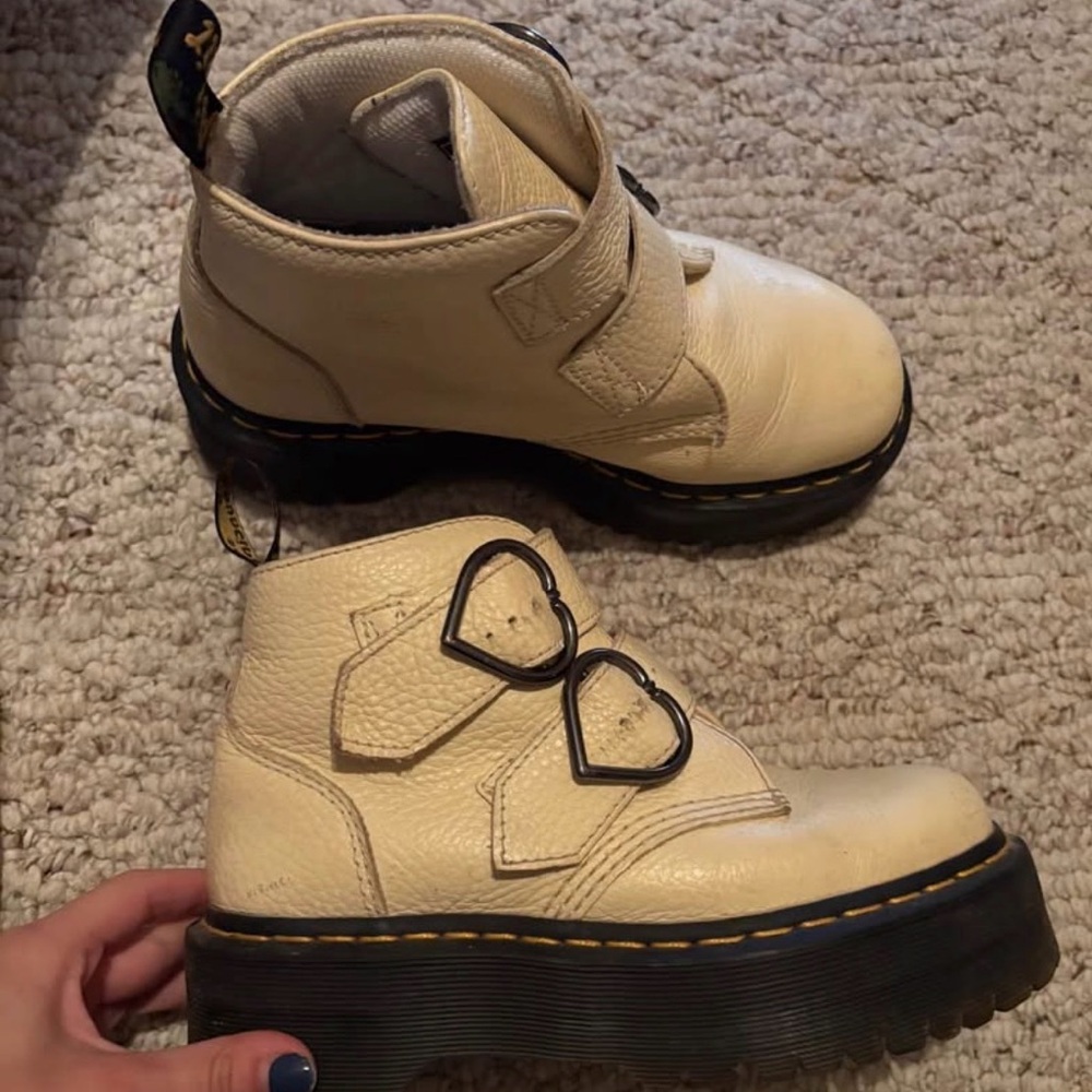 Dr. Martens Cream Platform Heart-Buckle Ankle Boots